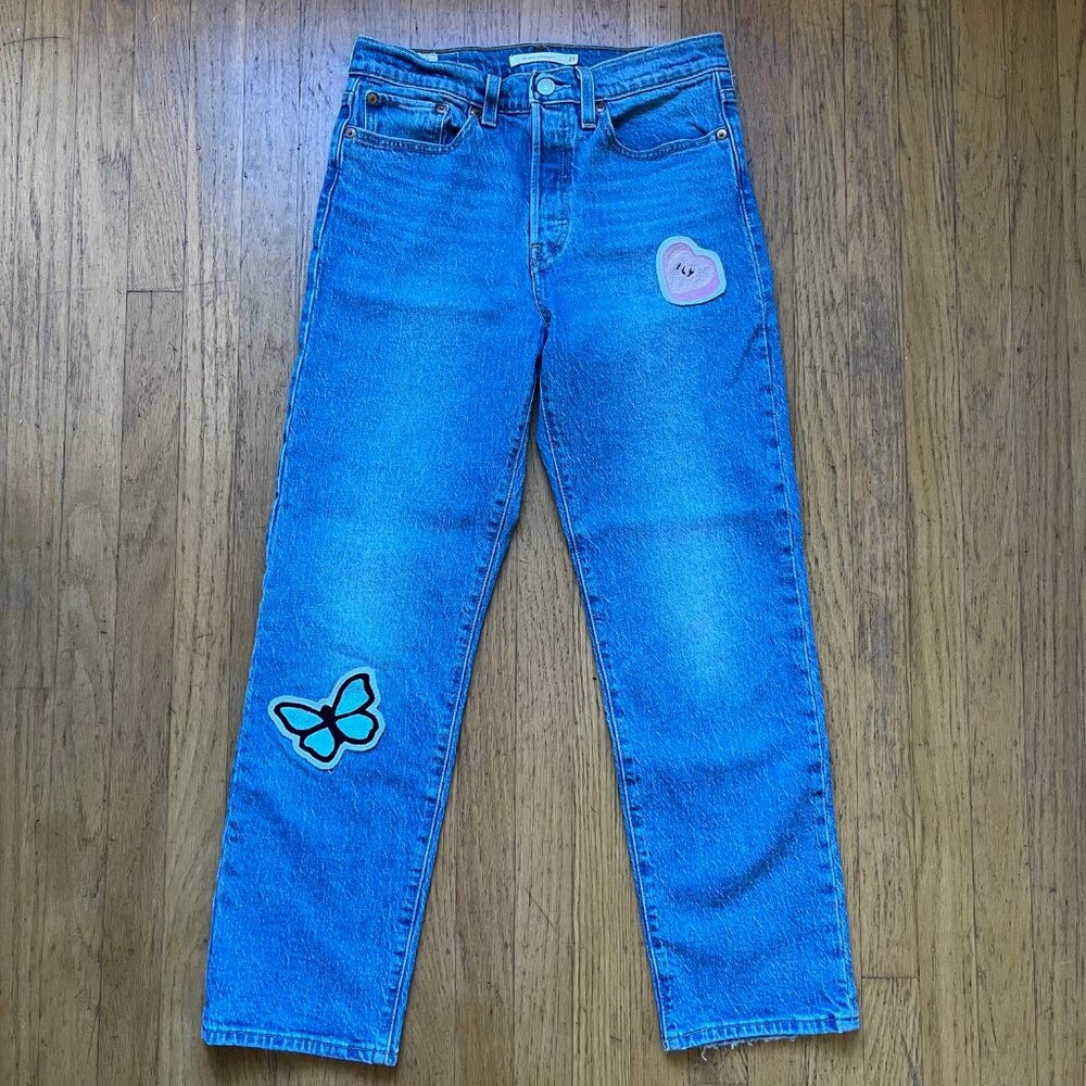 Levi's Wedgie Straight Leg Medium Wash Denim Jeans with Patches | Size 27